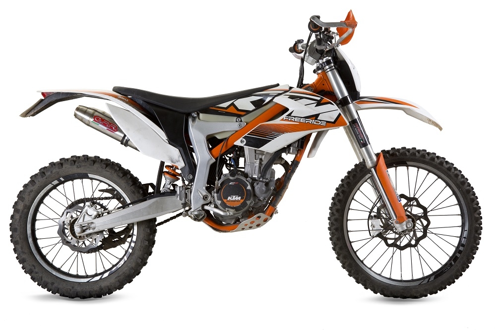 Exhaust compatible with Ktm Freeride 350 4T 2012-2017, Deeptone Inox, Dual slip-on including removable db killers and link pipes, EPA-compliant 