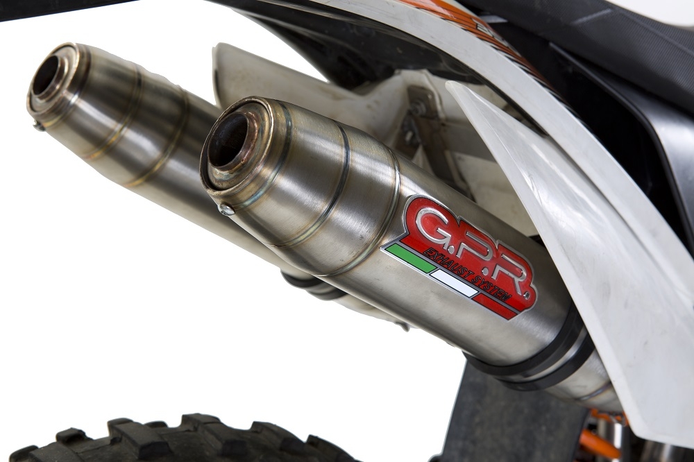 Exhaust compatible with Ktm Freeride 350 4T 2012-2017, Deeptone Inox, Dual slip-on including removable db killers and link pipes, EPA-compliant 