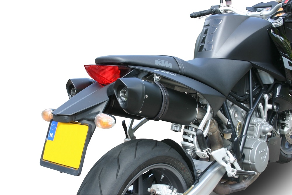 Exhaust compatible with Ktm 990 Superduke R 2004-2012, Furore Nero, Dual slip-on including removable db killers and link pipes, not EPA-compliant 