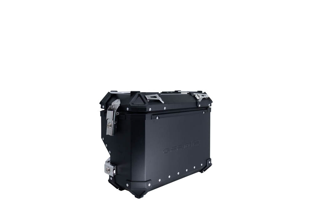 GPR TECH compatible with  Suzuki V-Strom 1050 Xt/De 2020/2024 e5 GPR TECH Pair of side cases aluminum made with contoured right side, black color with specific pannier holder Capacity 38 LT. + 32 LT.