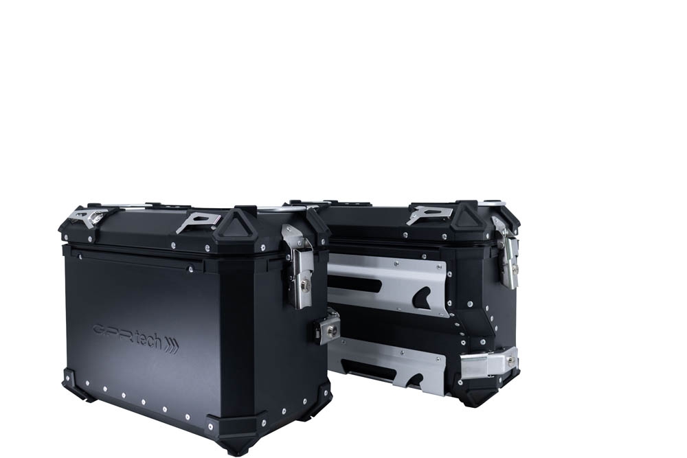 GPR TECH compatible with  Suzuki V-Strom 1050 Xt/De 2020/2024 e5 GPR TECH Pair of side cases aluminum made with contoured right side, black color with specific pannier holder Capacity 38 LT. + 32 LT.