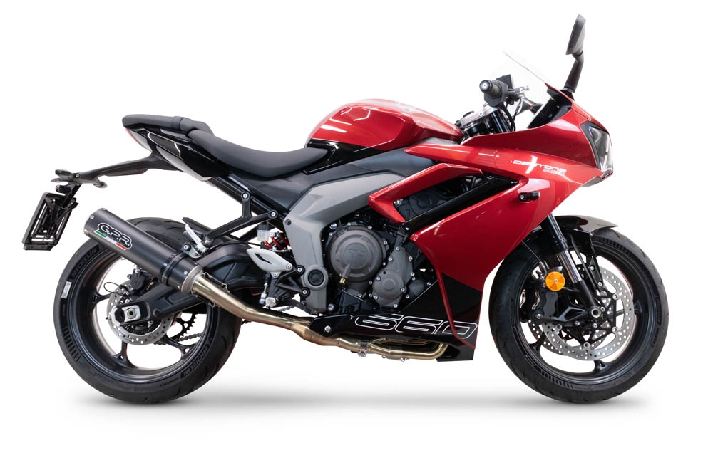 GPR exhaust compatible with Triumph Daytona 660 2023-2025, M3 Black Titanium, Homologated legal full system exhaust, including removable db killer and catalyst 