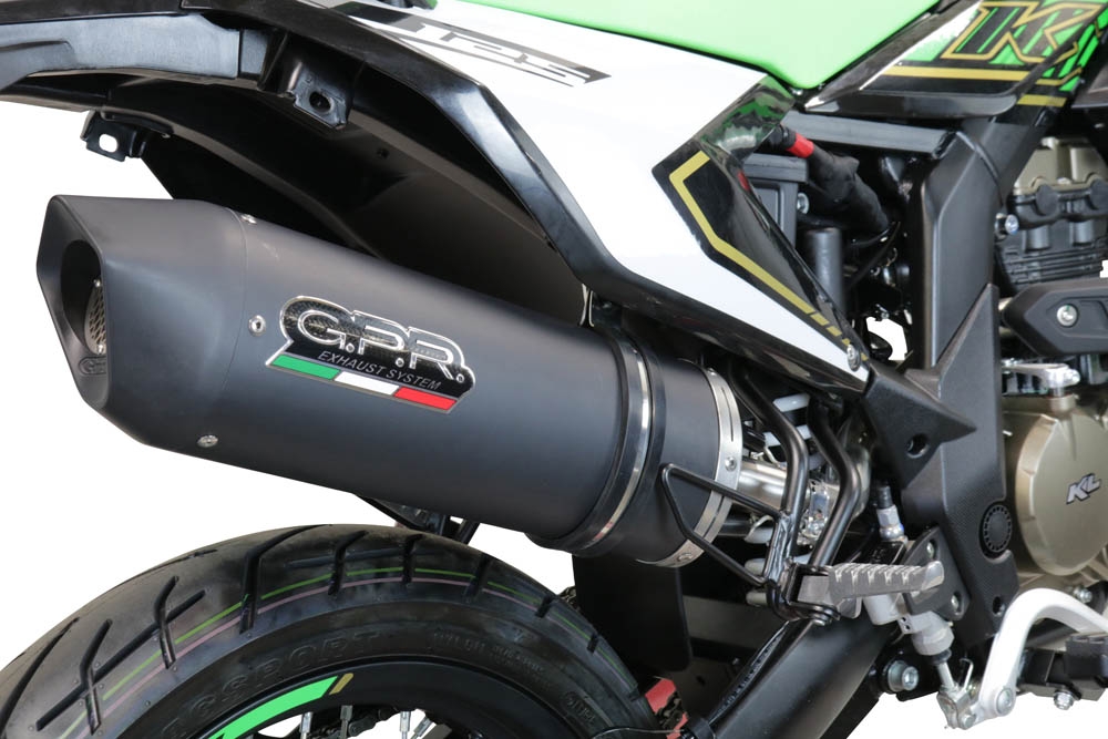 Exhaust compatible with KL MOTOR KXE 125 2022-2023, Furore Evo4 Nero, Slip-on exhaust including link pipe and removable db killer 