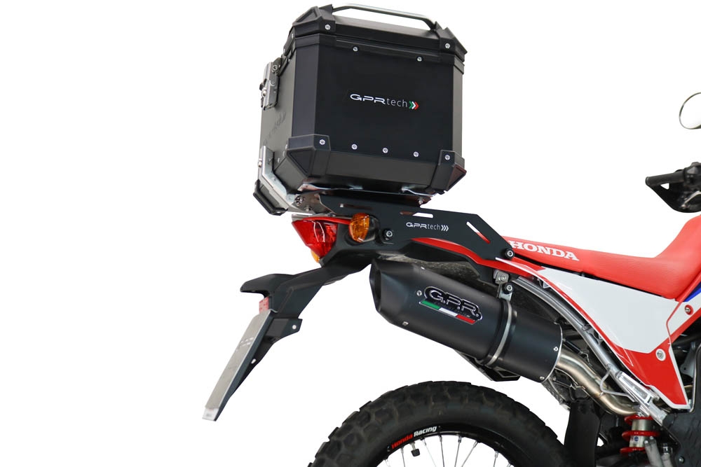 Top case GPR TECH compatible with  Honda Crf 300 L / Rally 2021/2024 e5 GPR TECH Top case in aluminum, black color including, roof rack and specific plate Capacity 26 LT.