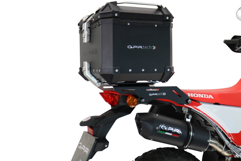 Top case GPR TECH compatible with  Honda Crf 300 L / Rally 2021/2024 e5 GPR TECH Top case in aluminum, black color including, roof rack and specific plate Capacity 26 LT.