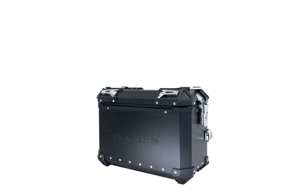 GPR TECH compatible with  Suzuki V-Strom 1050 Xt/De 2020/2024 e5 GPR TECH Pair of side cases aluminum made with contoured right side, black color with specific pannier holder Capacity 38 LT. + 32 LT.