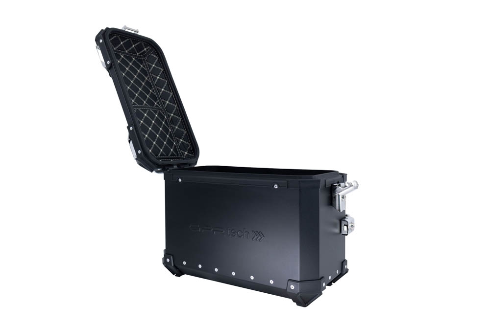 GPR TECH compatible with  Suzuki V-Strom 1050 Xt/De 2020/2024 e5 GPR TECH Pair of side cases aluminum made with contoured right side, black color with specific pannier holder Capacity 38 LT. + 32 LT.