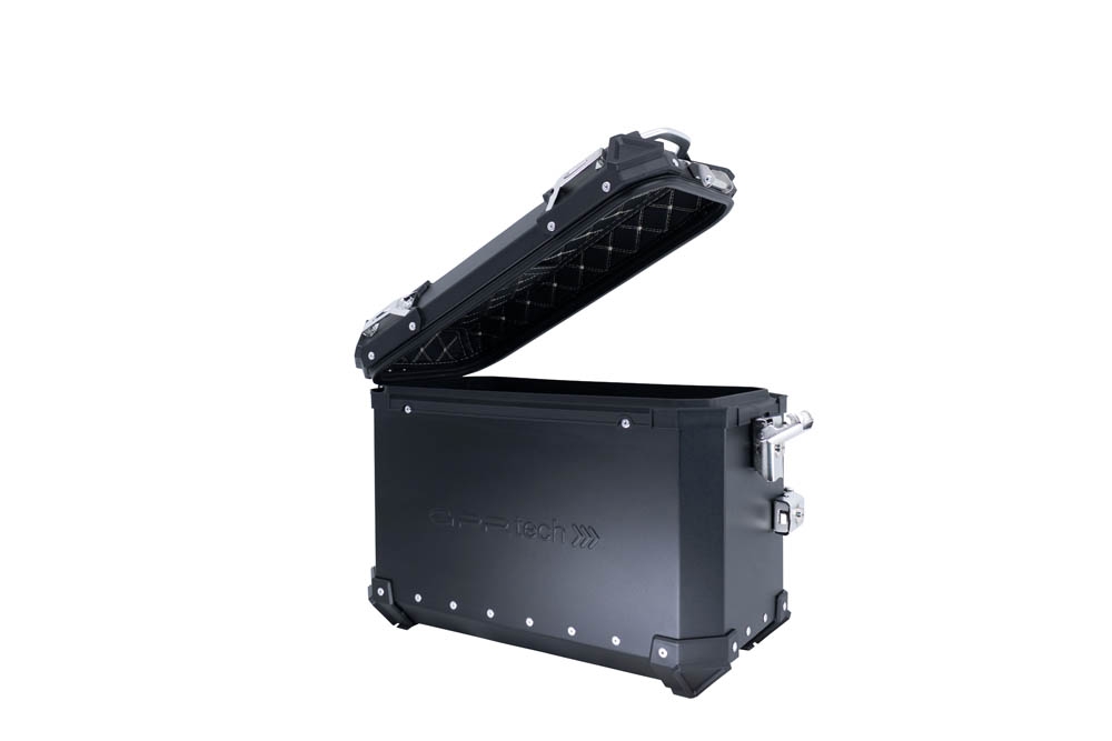 GPR TECH compatible with  Suzuki V-Strom 1050 Xt/De 2020/2024 e5 GPR TECH Pair of side cases aluminum made with contoured right side, black color with specific pannier holder Capacity 38 LT. + 32 LT.