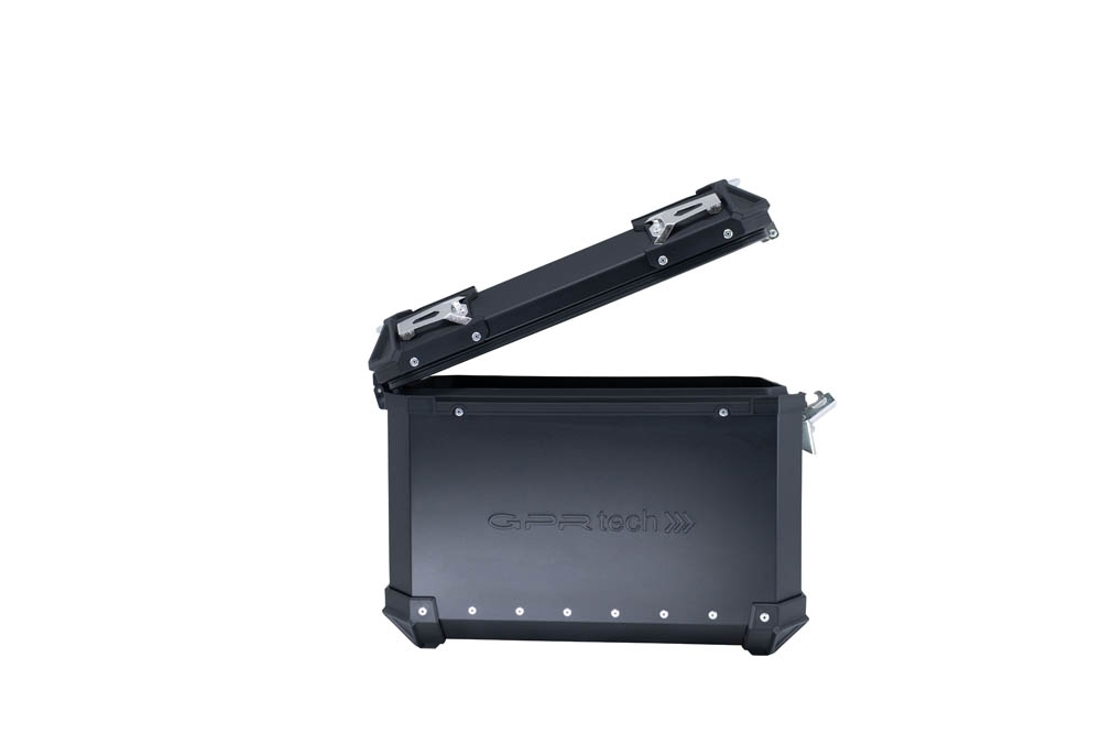 GPR TECH compatible with  Suzuki V-Strom 1050 Xt/De 2020/2024 e5 GPR TECH Pair of side cases aluminum made with contoured right side, black color with specific pannier holder Capacity 38 LT. + 32 LT.