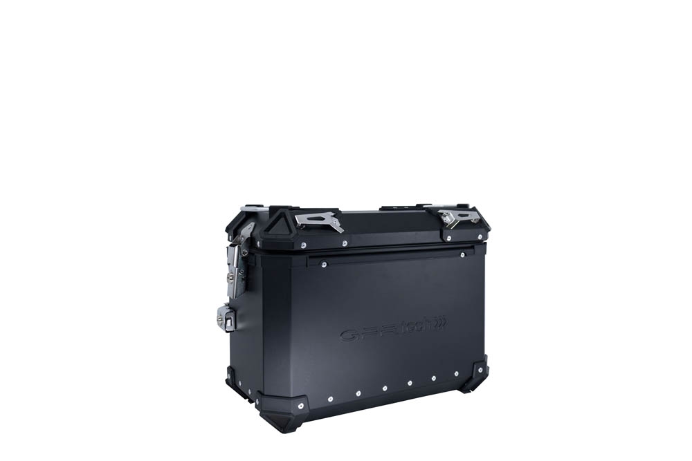 GPR TECH compatible with  Ktm Adventure 890 L 2021/2024 e5 GPR TECH Pair of side cases aluminum made with contoured right side, black color with specific pannier holder Capacity 38 LT. + 32 LT.