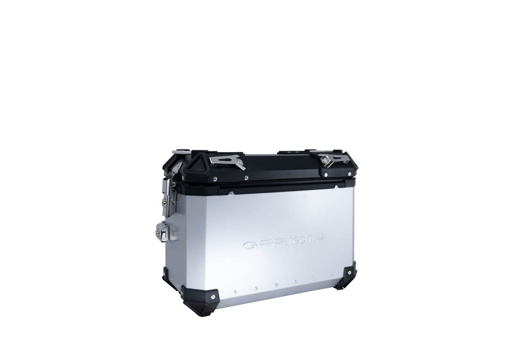 GPR TECH compatible with  Suzuki V-Strom 1050 Xt/De 2020/2024 e5 GPR TECH Pair of side cases aluminum made with contoured right side, silver color with specific pannier holder Capacity 38 LT. + 32 LT.