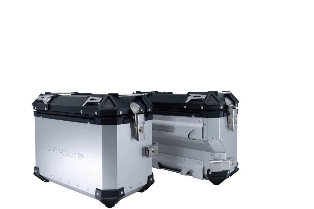 GPR TECH compatible with  Suzuki V-Strom 1050 Xt/De 2020/2024 e5 GPR TECH Pair of side cases aluminum made with contoured right side, silver color with specific pannier holder Capacity 38 LT. + 32 LT.