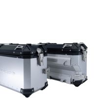 GPR TECH compatible with  Suzuki V-Strom 1050 Xt/De 2020/2024 e5 GPR TECH Pair of side cases aluminum made with contoured right side, silver color with specific pannier holder Capacity 38 LT. + 32 LT.