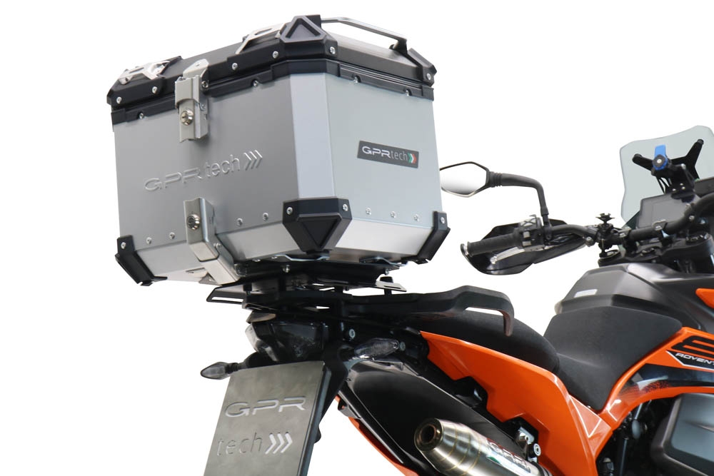 Top case GPR TECH compatible with  Ktm Adventure 890 - 890 R Rally 2020/2024 e5 GPR TECH Top case in aluminum, silver color with specific plate included Capacity 55 LT.