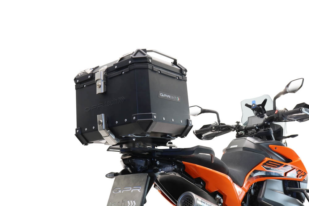 Top case GPR TECH compatible with  Ktm Adventure 890 L 2021/2024 e5 GPR TECH Top case in aluminum, black color with specific plate included Capacity 55 LT.