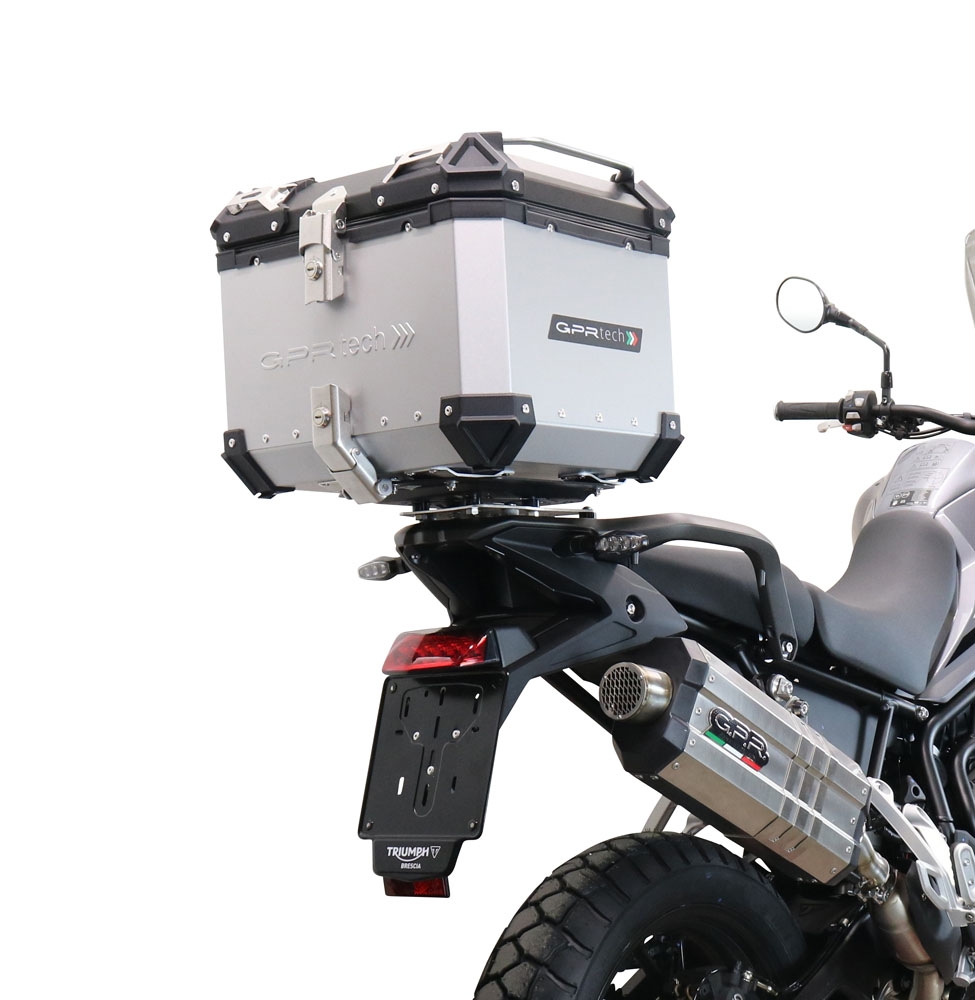 Top case GPR TECH compatible with  Triumph Tiger 900 2020/2023 e5 GPR TECH Top case in aluminum, silver color with specific plate included Capacity 35 LT.