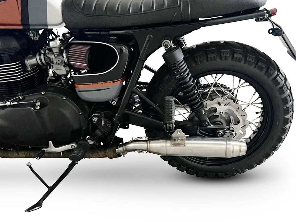 Exhaust compatible with Triumph BONNEVILLE T100 2001-2014, Deeptone Inox, Dual slip-on including removable db killers and link pipes, not EPA-compliant 