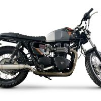 Exhaust compatible with Triumph BONNEVILLE T100 2001-2014, Deeptone Inox, Dual slip-on including removable db killers and link pipes, not EPA-compliant 