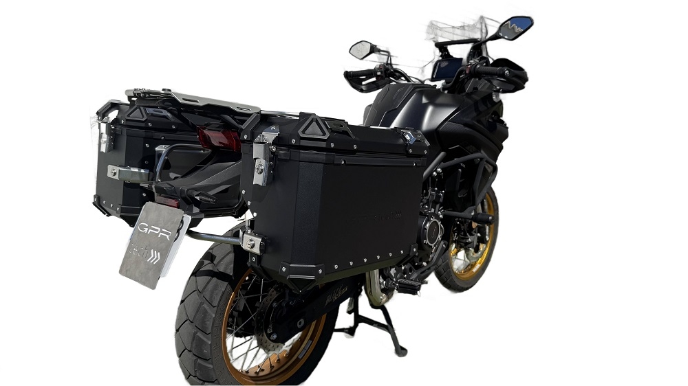 GPR TECH compatible with  Voge 525DSX 2023/2025 e5 GPR TECH Pair of side cases aluminum made with contoured right side, black color with specific pannier holder Capacity 38 LT. + 32 LT.
