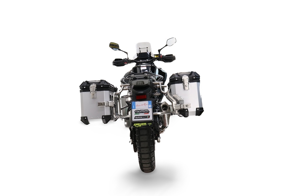 GPR TECH compatible with  Cf Moto 800 Mt Touring 2021/2024 e5 GPR TECH Pair of side cases aluminum made with contoured right side, silver color with specific pannier holder Capacity 38 LT. + 32 LT.