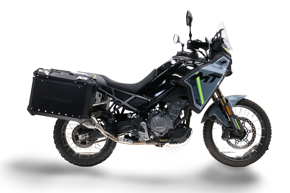 GPR TECH compatible with  Cf Moto 800 Mt Touring 2021/2024 e5 GPR TECH Pair of side cases aluminum made with contoured right side, black color with specific pannier holder Capacity 38 LT. + 32 LT.