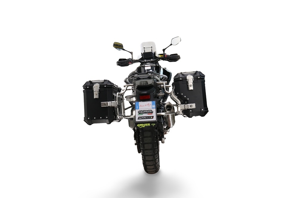 GPR TECH compatible with  Cf Moto 800 Mt Touring 2021/2024 e5 GPR TECH Pair of side cases aluminum made with contoured right side, black color with specific pannier holder Capacity 38 LT. + 32 LT.