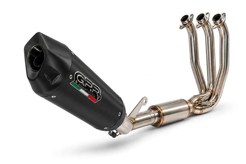 GPR exhaust compatible with Cf Moto 675NK 2024-2027, GP-Revo Black Titanium, full system exhaust legal for UK and non-EU countries including removable db killer 