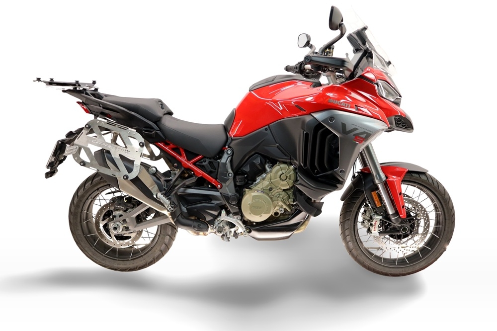 GPR TECH compatible with  Ducati Multistrada V4 - V4S 2025/2026 GPR TECH Pair of side cases aluminum made with contoured right side, black color with specific pannier holder TECH-EVO serie  Capacity 38 LT. + 32 LT.