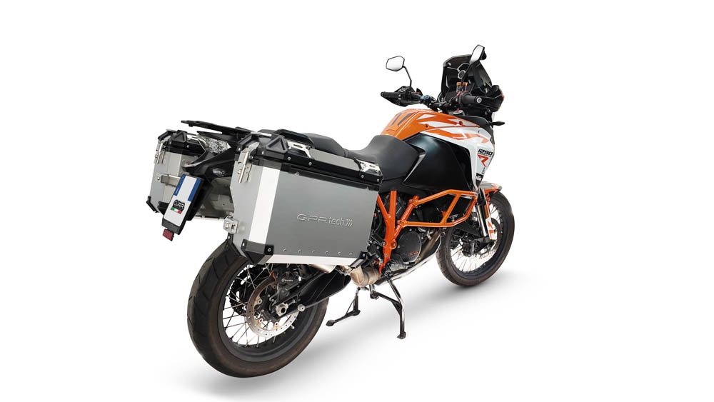 GPR TECH compatible with  Ktm Lc 8 1290 Super Adv 2015/2016 e3 GPR TECH Pair of side cases aluminum made with contoured right side, silver color with specific pannier holder Capacity 38 LT. + 32 LT.