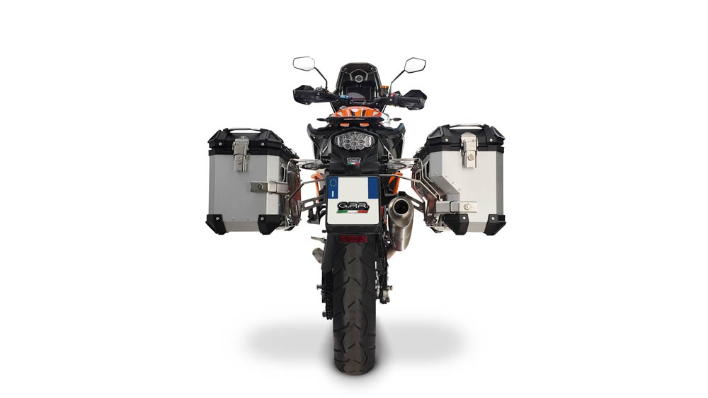 GPR TECH compatible with  Ktm Lc 8 1290 Super Adv 2015/2016 e3 GPR TECH Pair of side cases aluminum made with contoured right side, silver color with specific pannier holder Capacity 38 LT. + 32 LT.