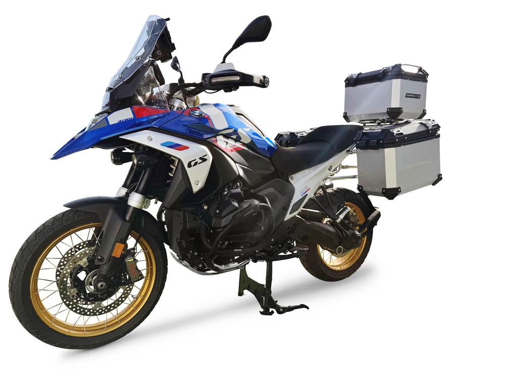 GPR TECH compatible with  BMW R 1300 GS 2023/2025 GPR TECH Triptych kit made in silver color, with Top case 45 Lt + Side Cases 38 Lt + 38 Lt + general black rack holder Top case capacity 45 Lt + side cases capacity 38 LT. + 38 LT.