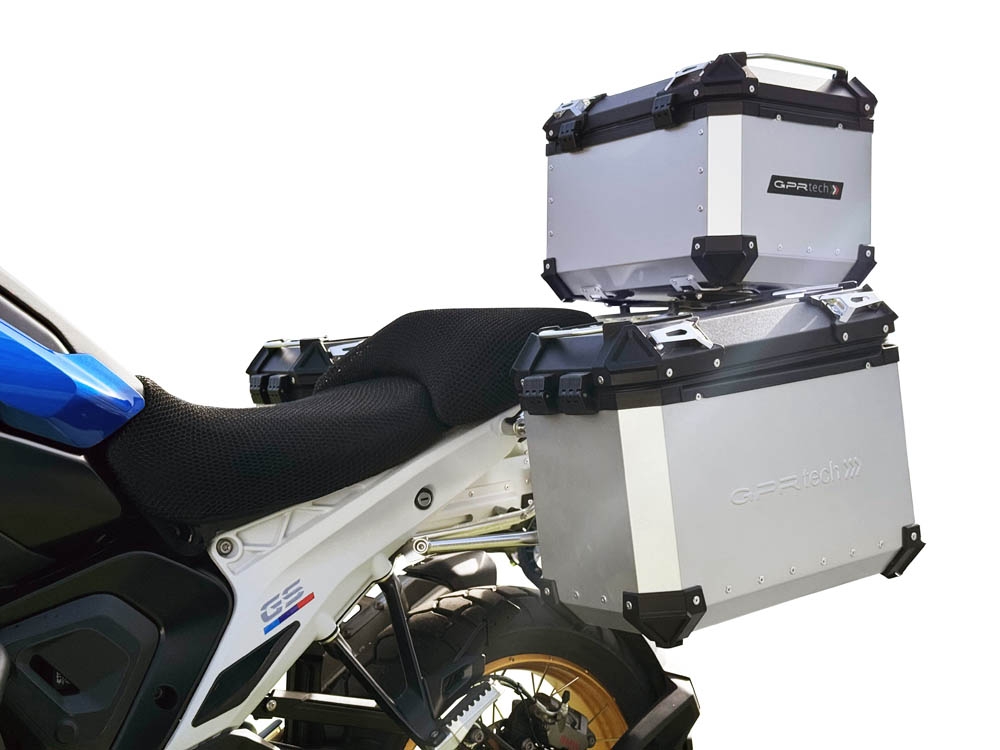 GPR TECH compatible with  BMW R 1300 GS 2023/2025 GPR TECH Triptych kit made in silver color, with Top case 45 Lt + Side Cases 38 Lt + 38 Lt + general black rack holder Top case capacity 45 Lt + side cases capacity 38 LT. + 38 LT.