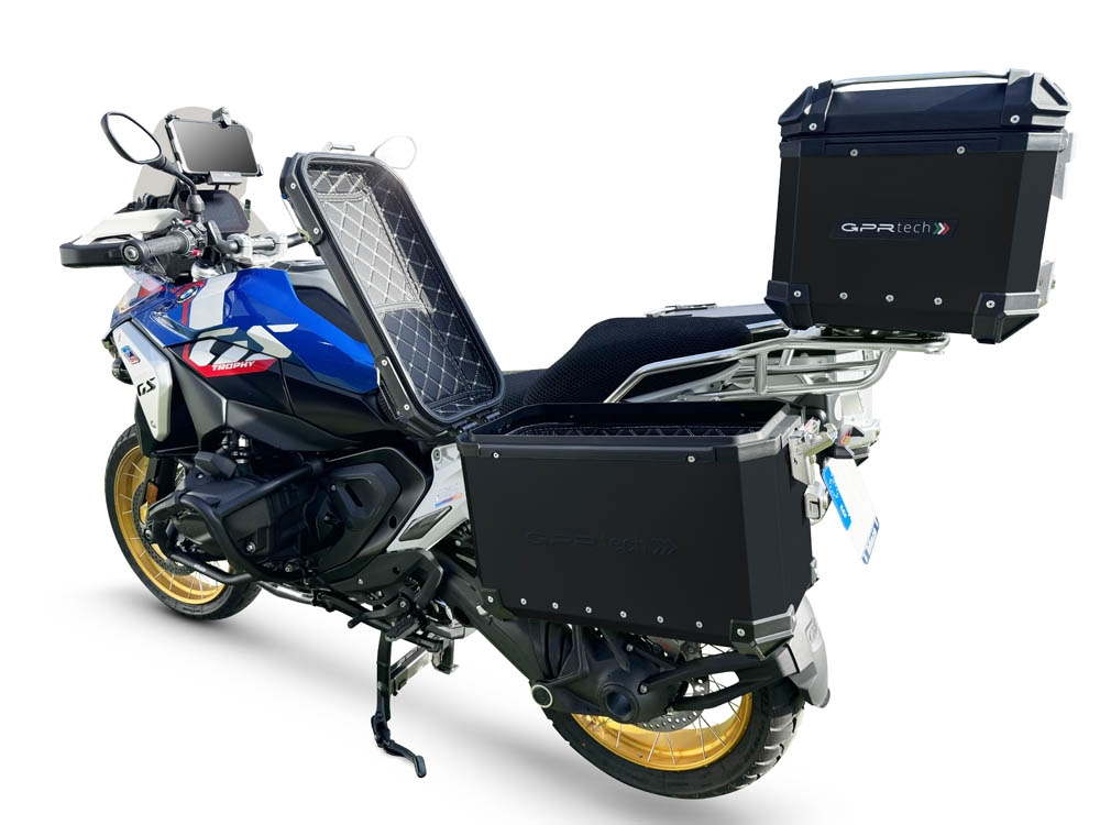 GPR TECH compatible with  BMW R 1300 GS 2023/2025 GPR TECH Triptych kit made in black color, with Top case 45 Lt + Side Cases 38 Lt + 38 Lt + general rack holder Top case capacity 45 Lt + side cases capacity 38 LT. + 38 LT.