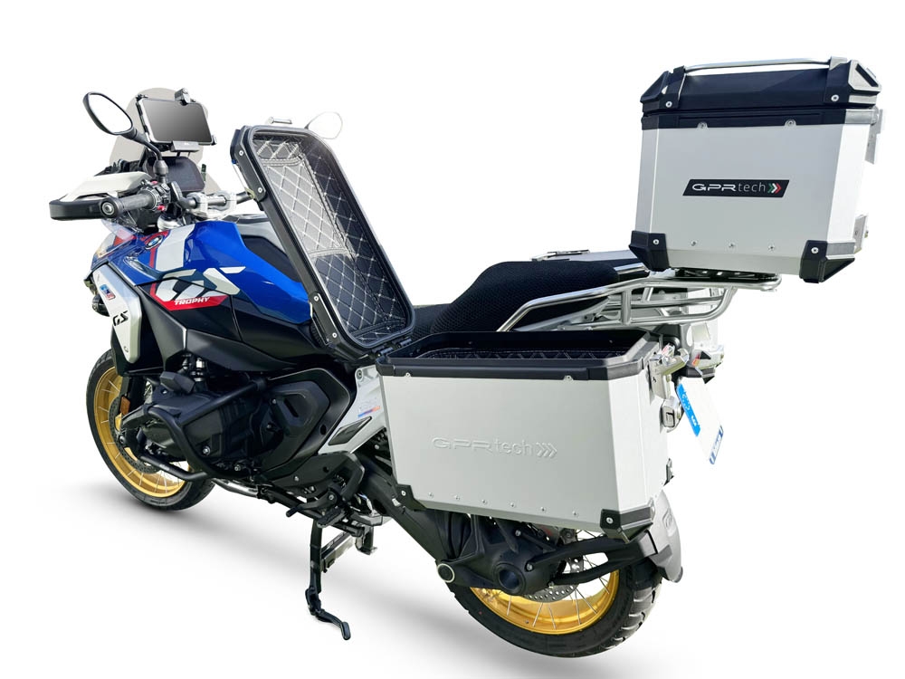 GPR TECH compatible with  BMW R 1300 GS 2023/2025 GPR TECH Triptych kit made in silver color, with Top case 45 Lt + Side Cases 38 Lt + 38 Lt + general black rack holder Top case capacity 45 Lt + side cases capacity 38 LT. + 38 LT.