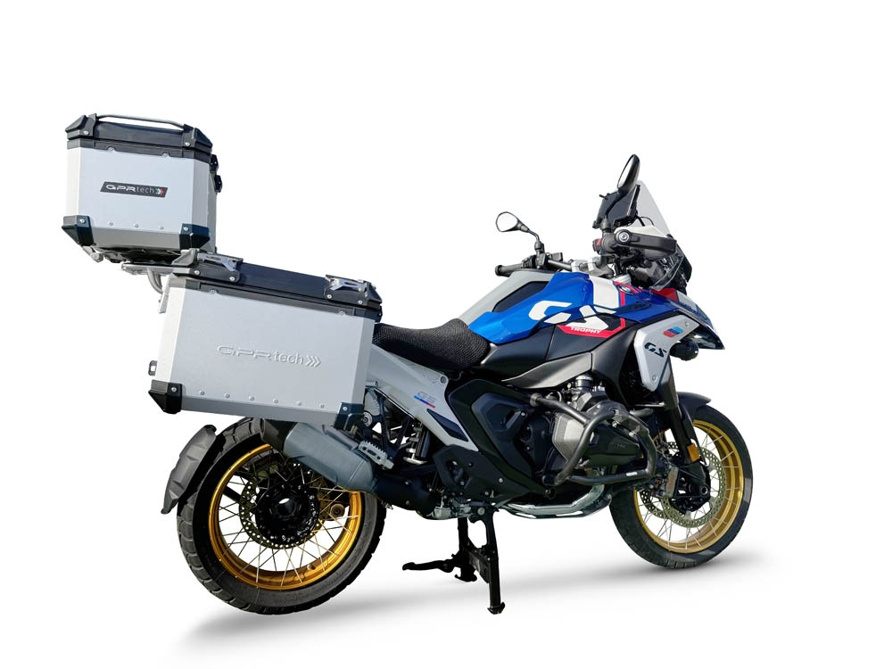 GPR TECH compatible with  BMW R 1300 GS 2023/2025 GPR TECH Triptych kit made in silver color, with Top case 45 Lt + Side Cases 38 Lt + 38 Lt + general black rack holder Top case capacity 45 Lt + side cases capacity 38 LT. + 38 LT.