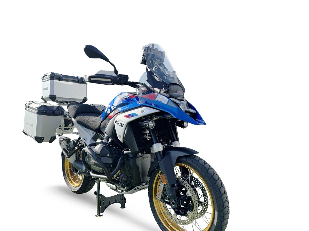GPR TECH compatible with  BMW R 1300 GS 2023/2025 GPR TECH Triptych kit made in silver color, with Top case 45 Lt + Side Cases 38 Lt + 38 Lt + general black rack holder Top case capacity 45 Lt + side cases capacity 38 LT. + 38 LT.