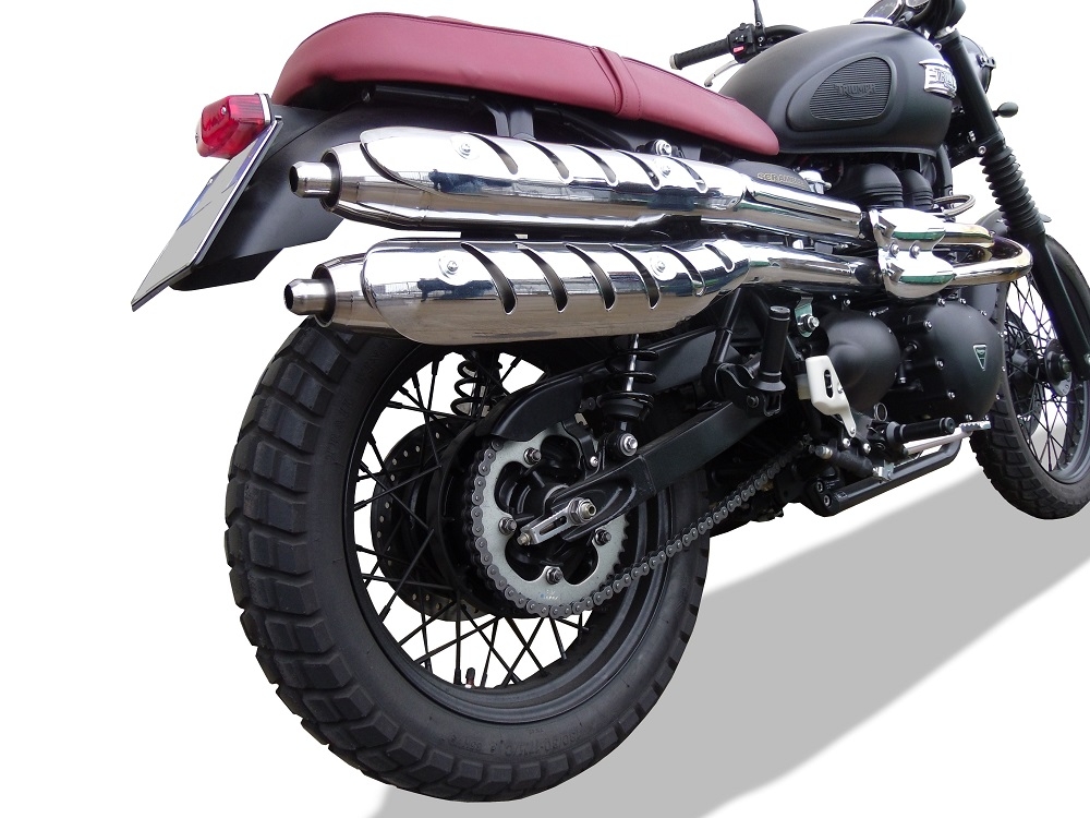 Exhaust compatible with Triumph Scrambler 900 2006-2014, Deeptone Inox, Dual slip-on including removable db killers and link pipes, EPA-compliant 