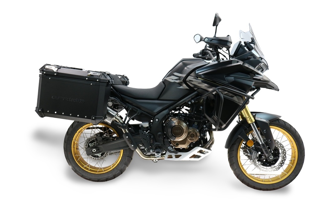 GPR TECH compatible with  Voge 625DSX 2024/2026 e5 GPR TECH Pair of side cases aluminum made with contoured right side, black color with specific pannier holder Capacity 38 LT. + 32 LT.