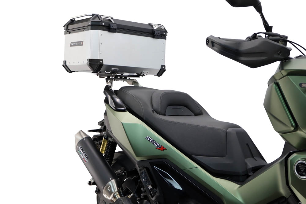 Top case GPR TECH compatible with  Voge SR 450 X 2026/2027 e5 plus GPR TECH Top case in aluminum, silver color, including roof rack and specific plate Capacity 45 LT.