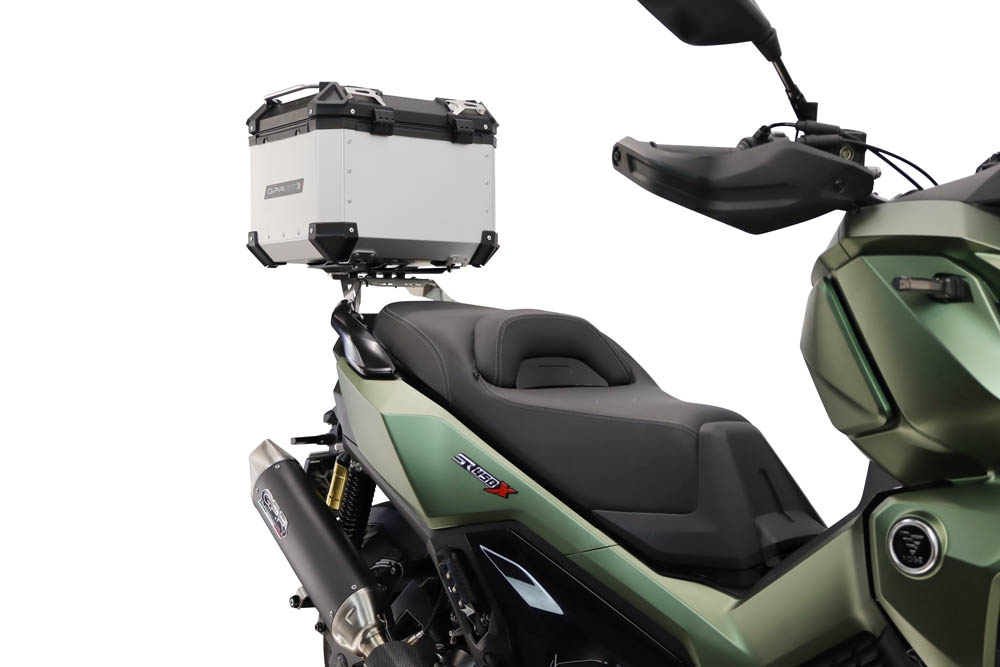 Top case GPR TECH compatible with  Voge SR 450 X 2026/2027 e5 plus GPR TECH Top case in aluminum, silver color, including roof rack and specific plate Capacity 26 LT.