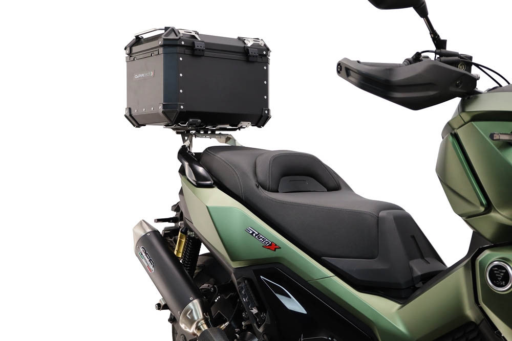 Top case GPR TECH compatible with  Voge SR 450 X 2026/2027 e5 plus GPR TECH Top case in aluminum, black color including, roof rack and specific plate Capacity 35 LT.
