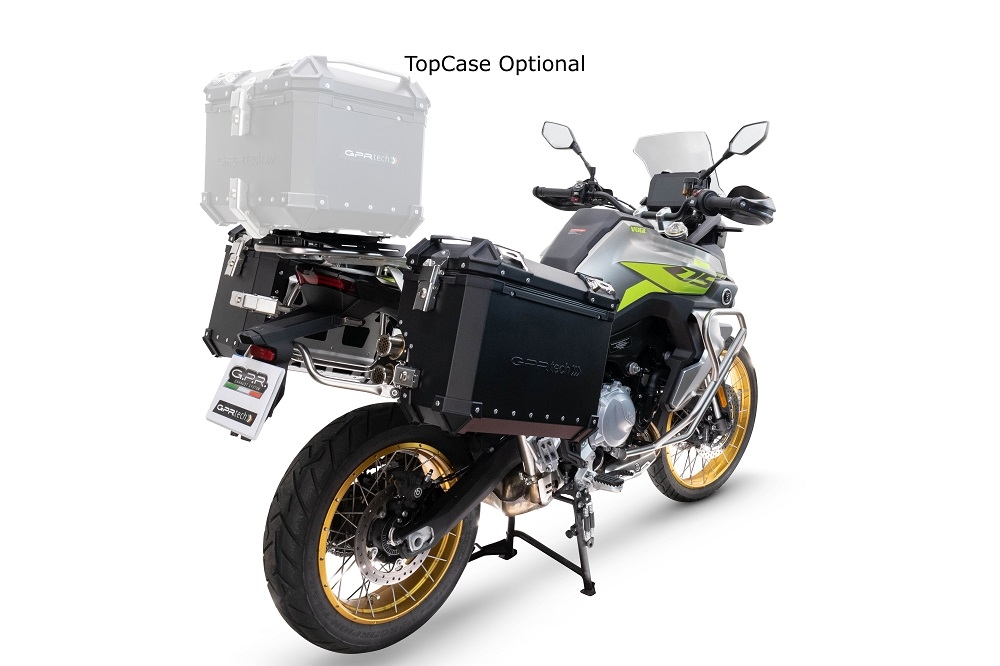 GPR TECH compatible with  Voge 900DSX 2024/2025 e5 GPR TECH Pair of side cases aluminum made with contoured right side, black color with specific pannier black holder Capacity 38 LT. + 32 LT.