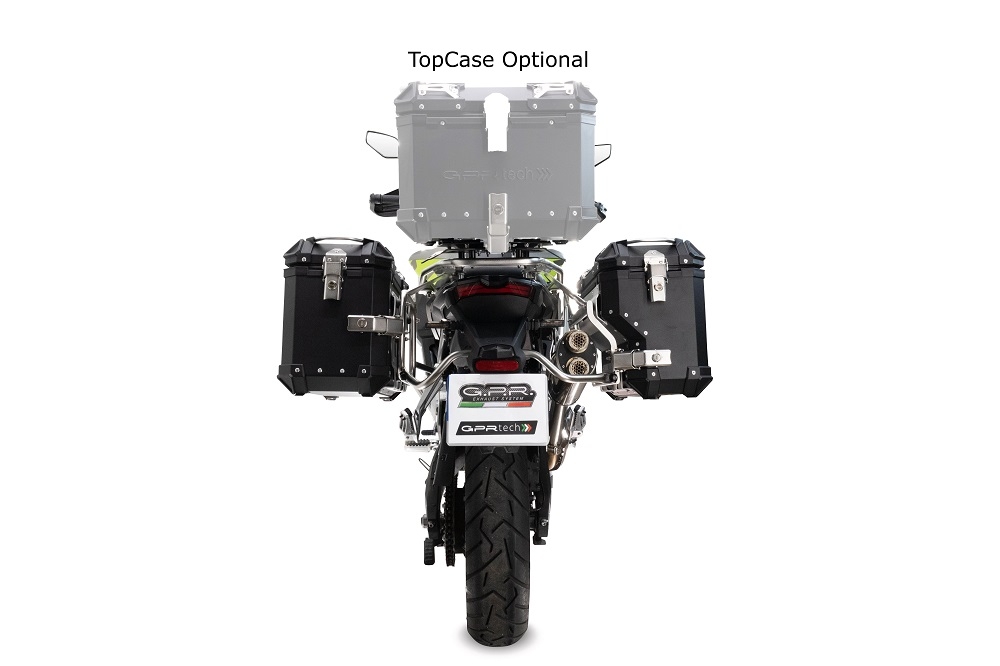 GPR TECH compatible with  Voge 900DSX 2024/2025 e5 GPR TECH Pair of side cases aluminum made with contoured right side, black color with specific pannier black holder Capacity 38 LT. + 32 LT.
