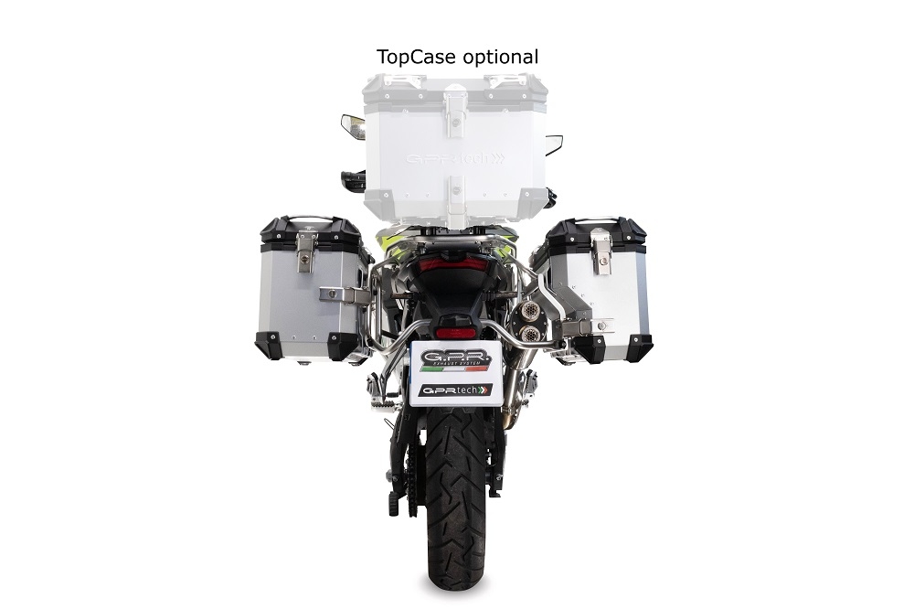 GPR TECH compatible with  Voge 900DSX 2024/2025 e5 GPR TECH Pair of side cases aluminum made with contoured right side, silver color with specific pannier silver holder Capacity 38 LT. + 32 LT.