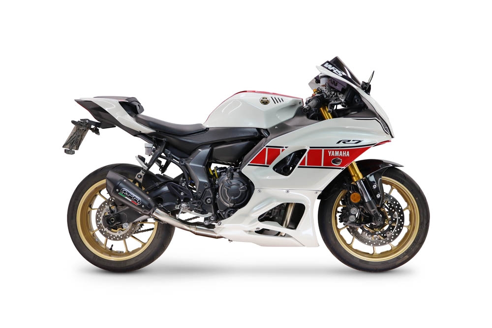 GPR exhaust compatible with Yamaha YZF R7 2021-2024, GP-Revo Black Titanium, full system exhaust legal for UK and non-EU countries including removable db killer 