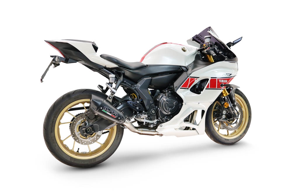 GPR exhaust compatible with Yamaha YZF R7 2021-2024, GP-Revo Black Titanium, full system exhaust legal for UK and non-EU countries including removable db killer 