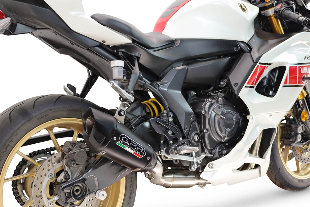 GPR exhaust compatible with Yamaha YZF R7 2021-2024, GP-Revo Black Titanium, full system exhaust legal for UK and non-EU countries including removable db killer 